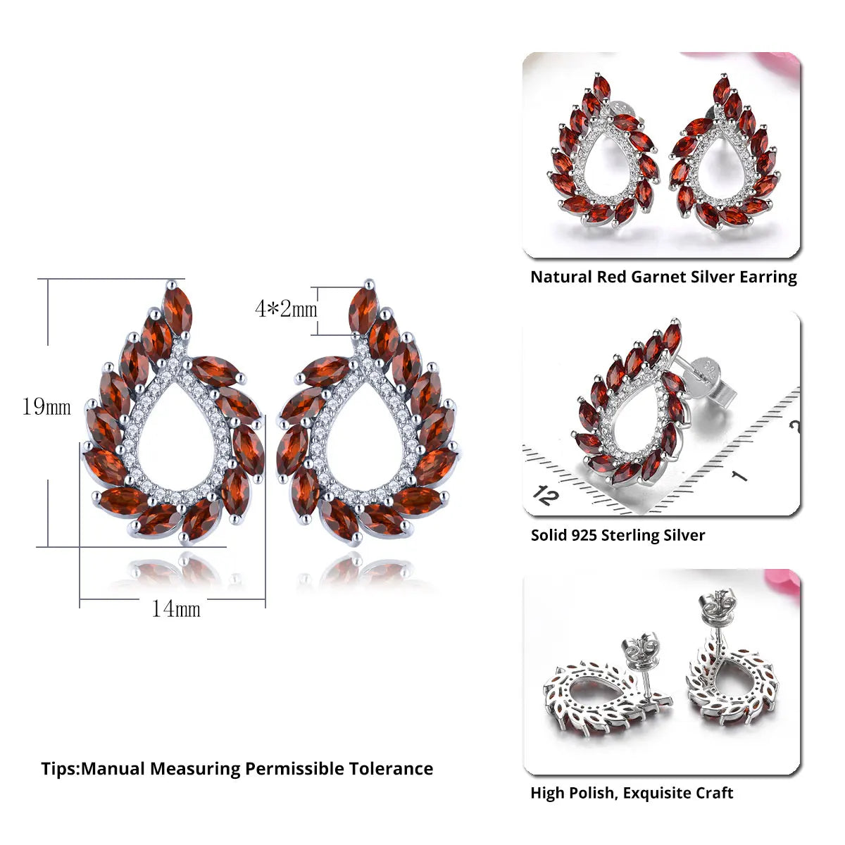 Natural Red Garnet Sterling Silver Stud Birthstone Women Classic Romantic Style Jewelrys