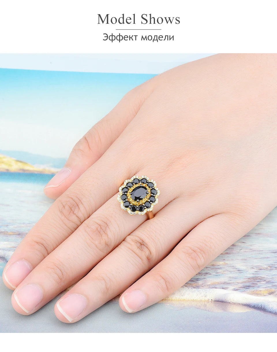 Natural Black Spinel Citrine Silver Rings 3.5 Carats Gemstones Yellow Gold Plated  Jewelry Original