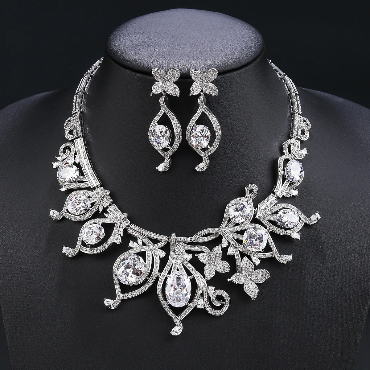 Luxury Cubic Zirconia Bridal Wedding Jewelry Set Ladies Party Leaves Necklace Earrings Set  CN11327