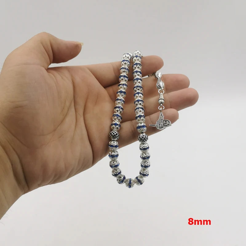 Women Tasbih Metal Silver Color Rosary Bead Inlaid Blue Crystal Black Crystal Muslim misbaha