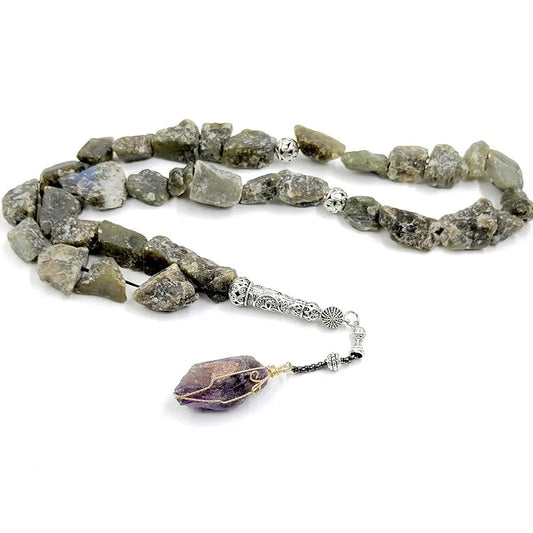 Tasbih Natural Labradorite Irregular rough stone with Amethyst Ramadan Eid Gift Collect art prayer beads fashion accessories