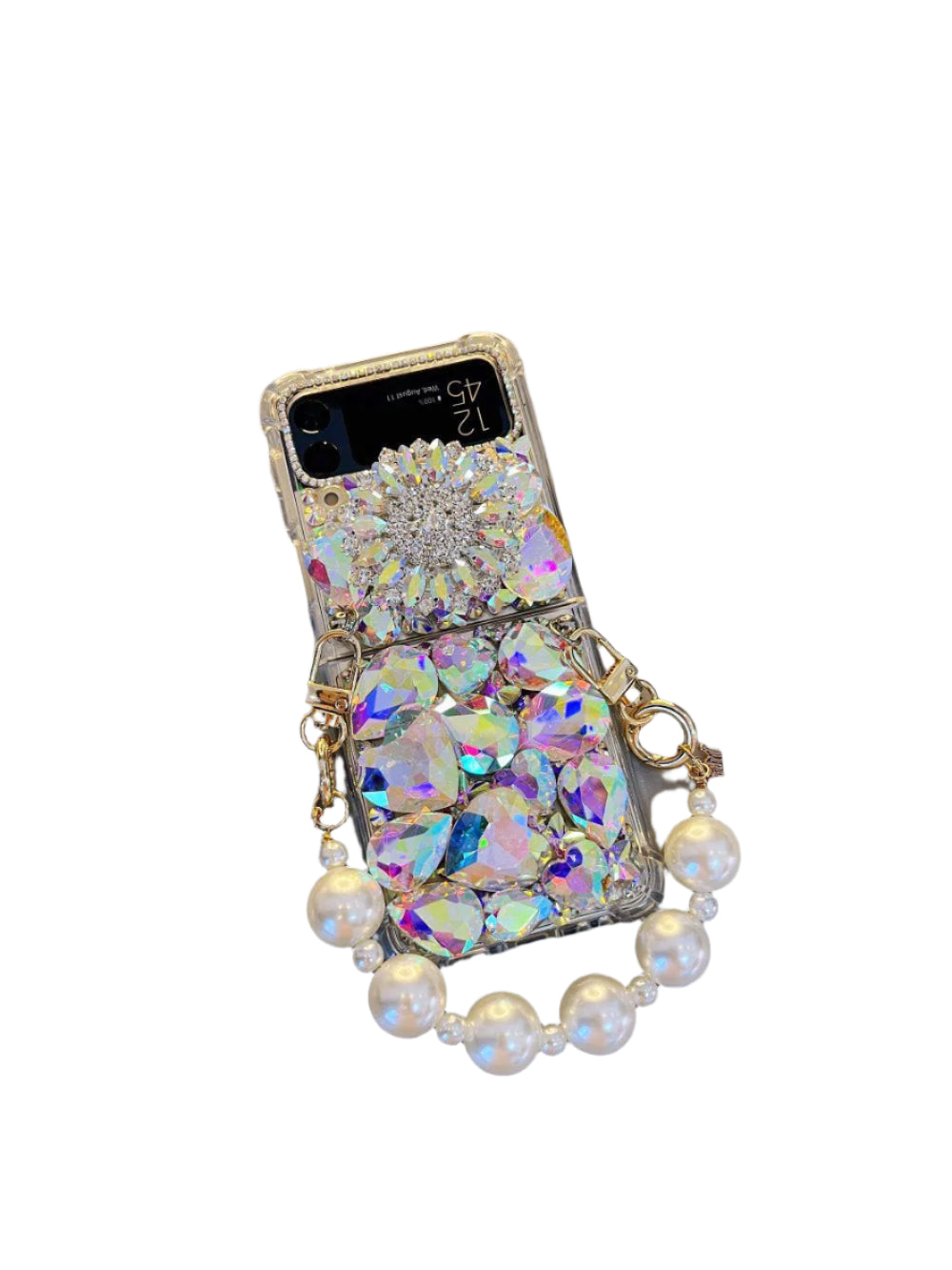 For Samsung Galaxy Z Flip 5 4 3 5G F7110 F7070 Luxury Crystal Stand Diamond Pearl Wrist Phone Case Cover