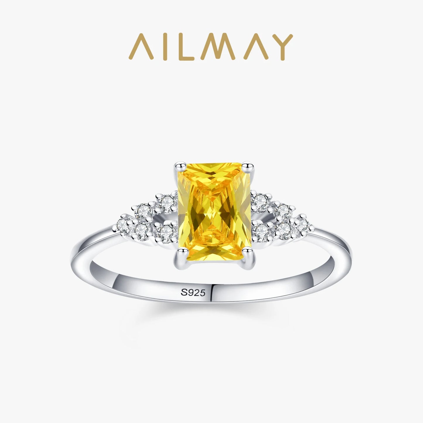 Ailmay 925 Sterling Silver Luxury Sparkling Yellow Zirconia Finger Ring For Women Fashion Wedding Engagement Fine Jewelry Gift