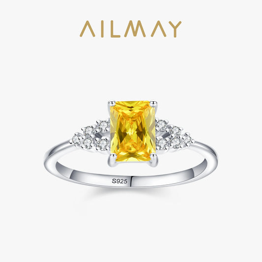 Ailmay 925 Sterling Silver Luxury Sparkling Yellow Zirconia Finger Ring For Women Fashion Wedding Engagement Fine Jewelry Gift