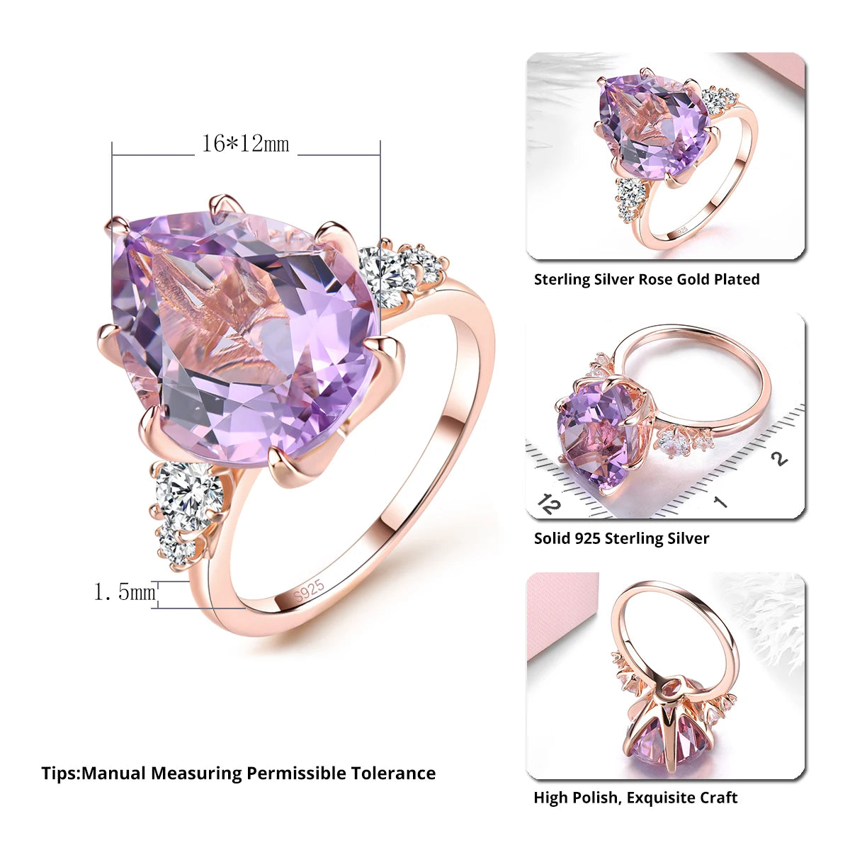 Natural Pink Amethyst Silver Rose Gold Plated 8 Carats Genuine Gemstone Women's Romantic Fine Jewelrys Christmas New Year Gifts