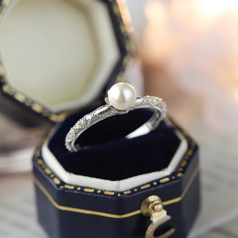 Retro Palace Style Small Pearl Ring Genuine S925 Silver Light Luxury Luxury Ring