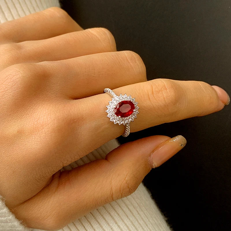 Exquisite Genuine S925 Silver Four-claw Oval Ruby Flower Full of Diamond Ring Women's Valentine's Day Gift Jewelry