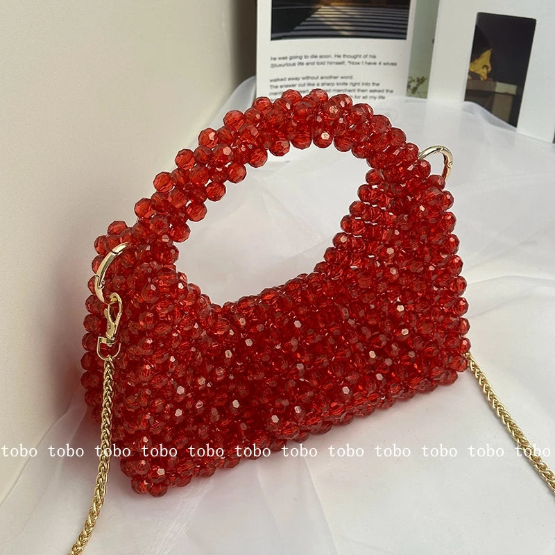 Original Red Half Moon Handbags Homemade Beade Woven Ladies Long Chain Bags Versatile Casual Retro Designer Party Bag