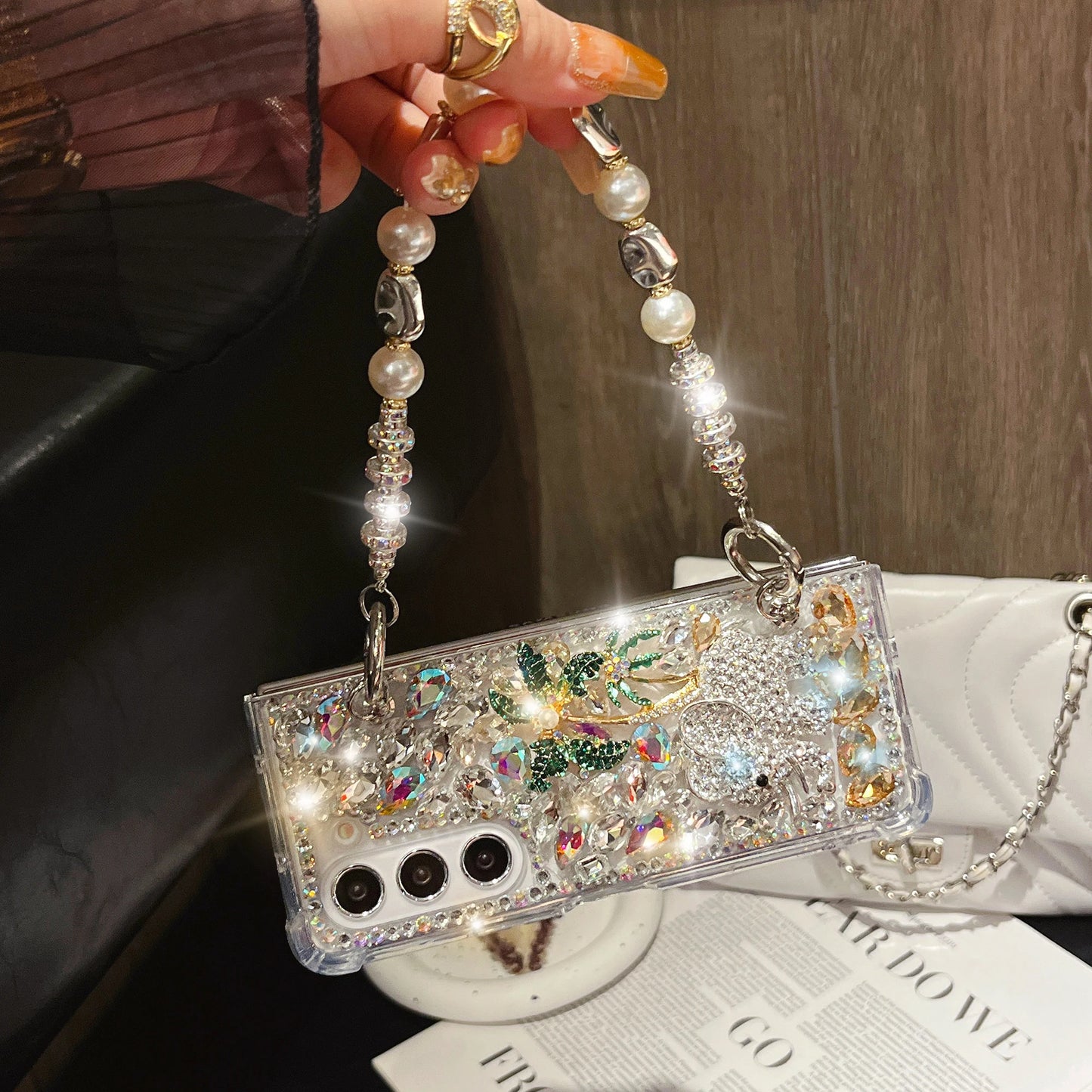 For Samsung Galaxy Z Fold 6 5 4 3 Luxury Cute Pearl Diamond Crystal Tree Wrist Strap Glitter Candy Wrist Phone Case Cover