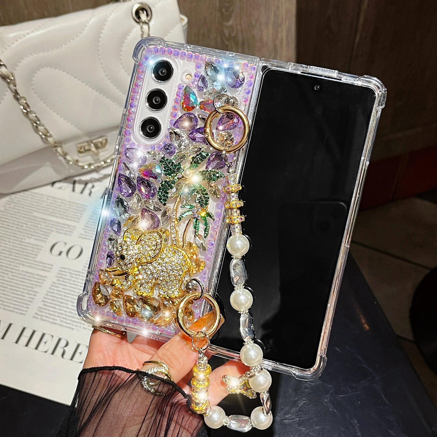 For Samsung Galaxy Z Fold 6 5 4 3 Luxury Cute Pearl Diamond Crystal Tree Wrist Strap Glitter Candy Wrist Phone Case Cover