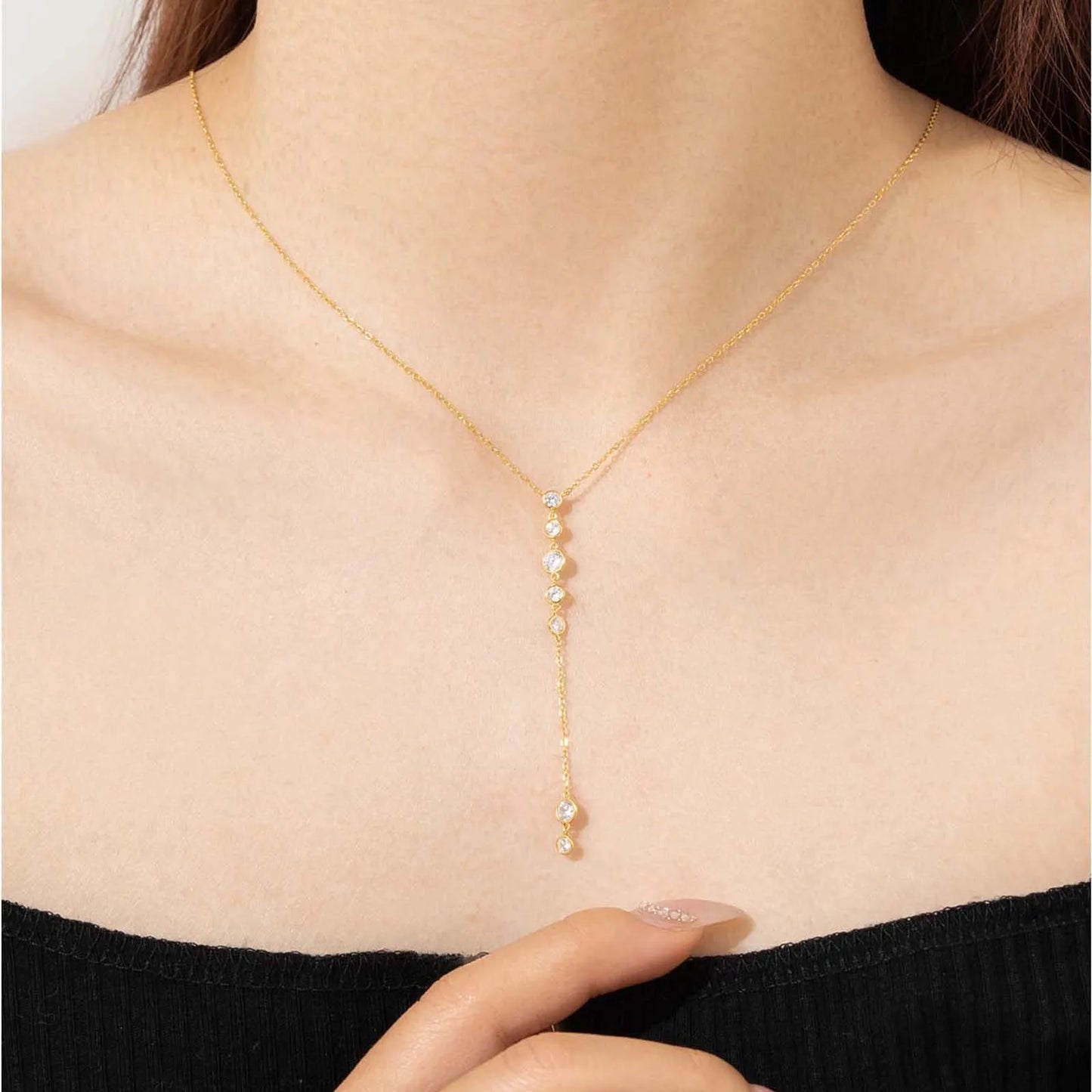 925 Sterling Silver Gold long  Zircon Necklace Luxury