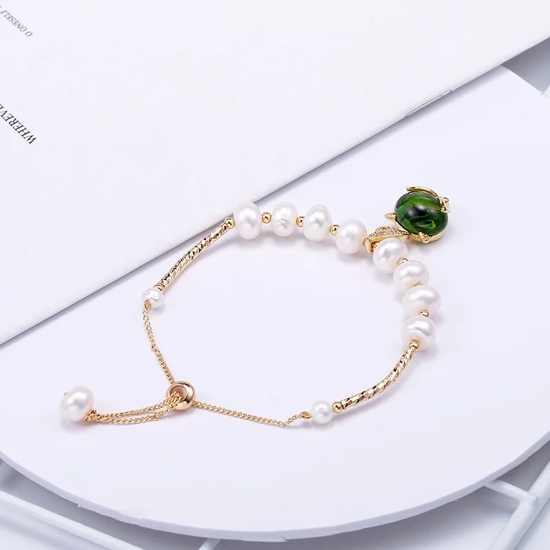 Sweet Little Fox Animal Green Crystal 14K Gold Filled Natural Freshwater Pearl Ladies Charm Bracelets Jewelry