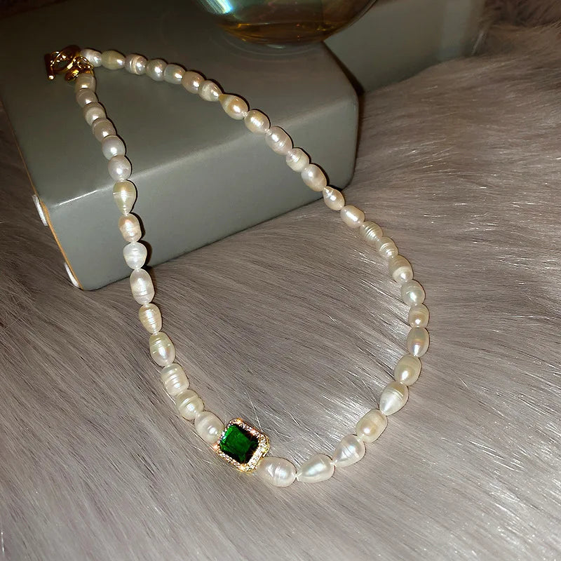 100% Natural Freshwater Pearl Trendy Green Square Crystal 14K Gold