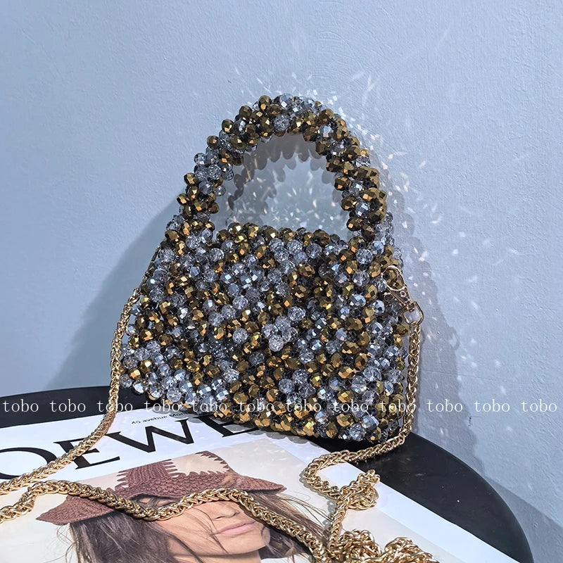 Crystal Bling Handmade Party Lunch Bags Unique Shiny Women's Handbag 2023 Trendy Female Sliver and Golden Long Belt Wallet