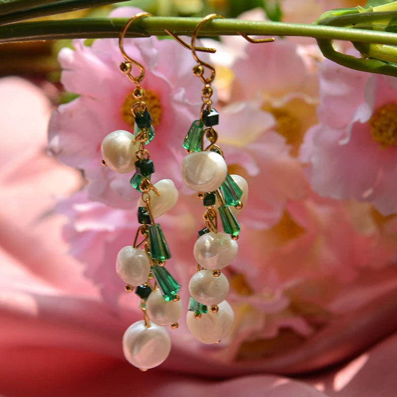 Trendy Green Crystal & Natural Freshwater Pearl 14K Gold Jewelry