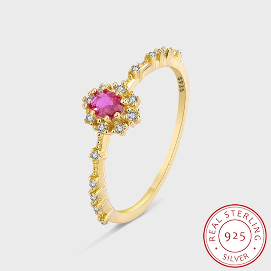 2022 Fashion Genuine Sterling Silver Ruby 18K Gold Couple Ring For Women Girl Flower Full Diamond Office Wedding Anniver Jewelry