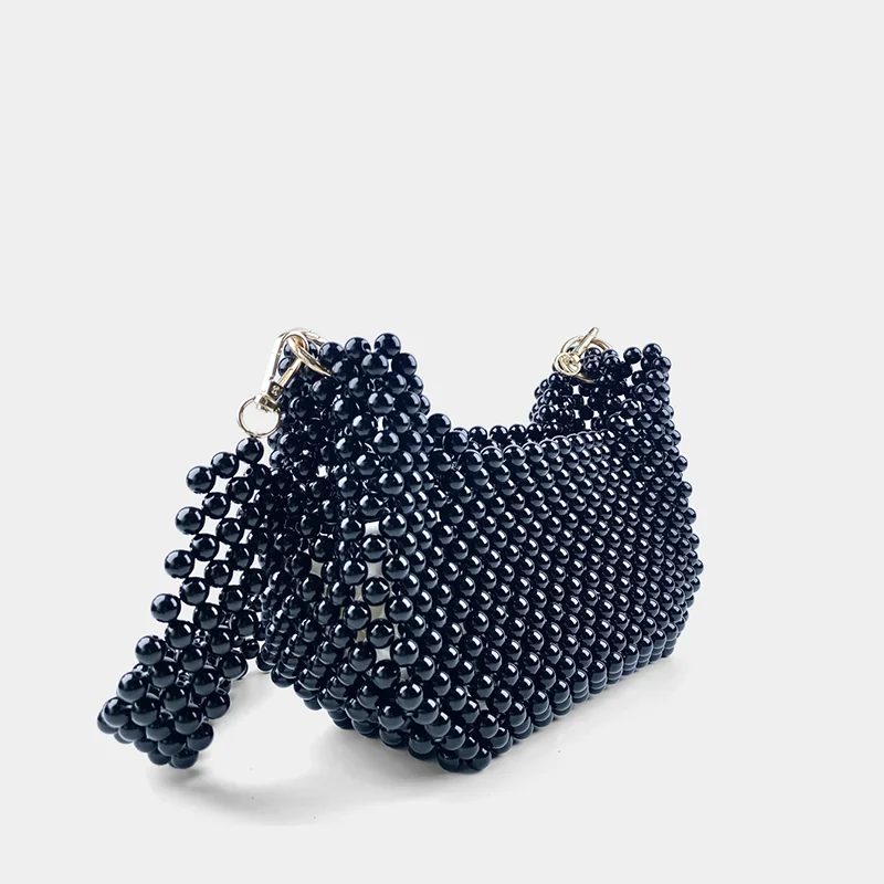 New Chinese style socialite hand woven armpit small square bag bead pearl saddle bag banquet shoulder bag