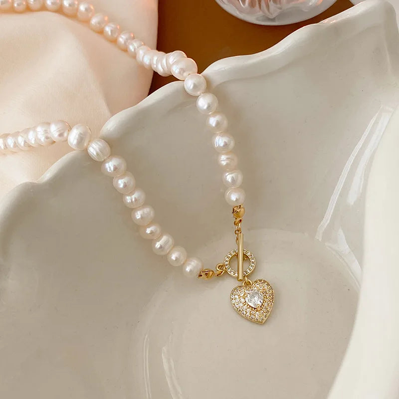 Romantic Love Heart Shiny Crystal Natural Freshwater Pearl 14K Gold Filled Female Pendant Necklace Jewelry