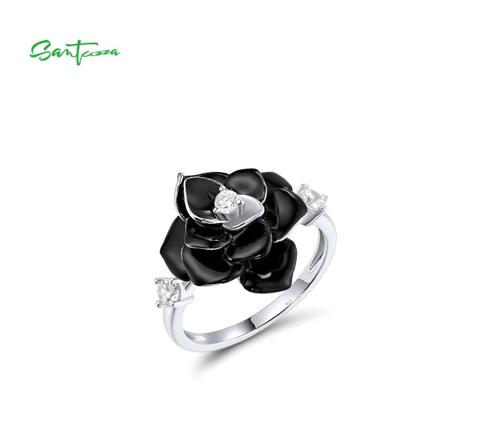 925 Sterling Silver Jewelry Set  Black White Flowers