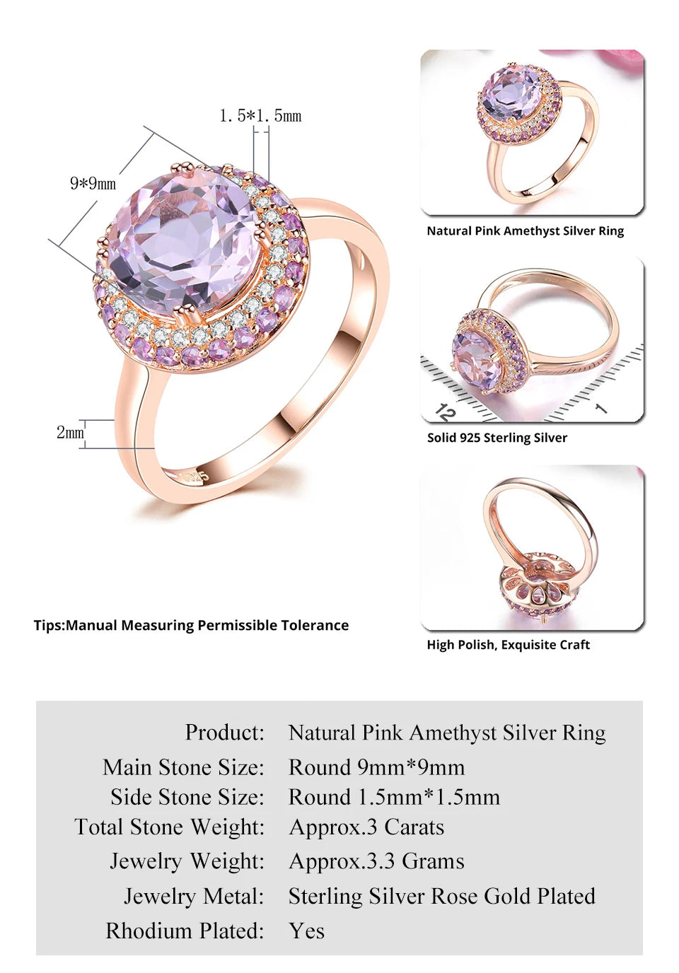 Natural Pink Amethyst Sterling Silver Rose Gold Plated