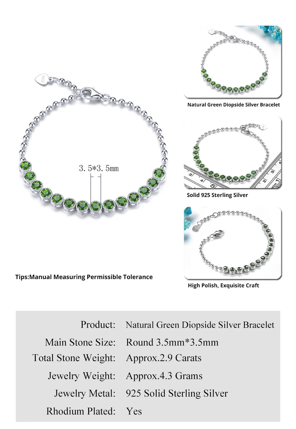 Natural Chrome Diopside Solid Sterling Silver Bracelet 2.9 Carats Genuine Green Gemstone Classic