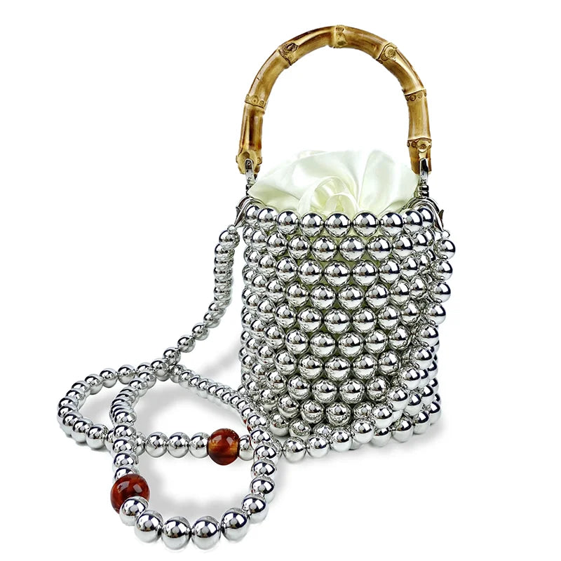 Product Network Red Bamboo Knot Handle Bag Pearl Chain Mini Bucket Bag