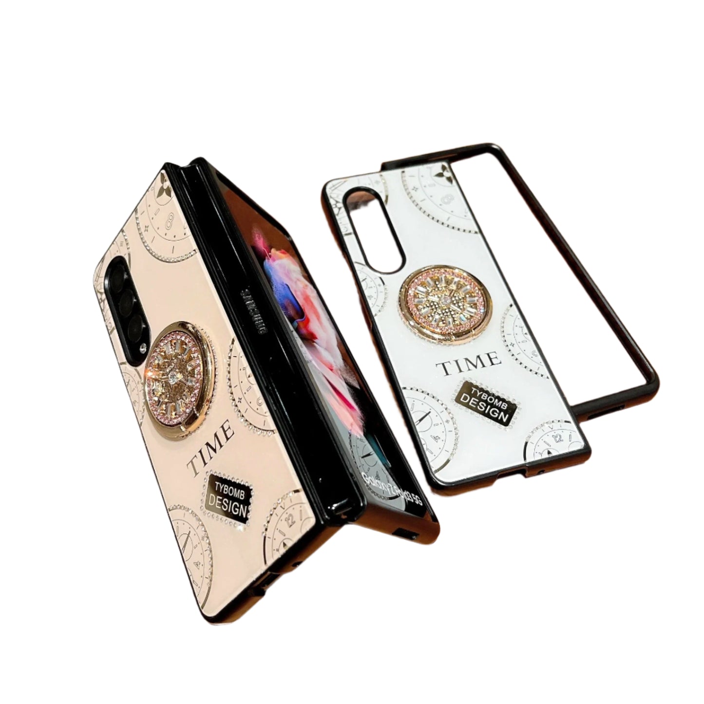 Luxury Diamond Glitter Ring Bracket Phone Case For Samsung Galaxy Z Flip 3 Zflip3 Flip 4 ZFold3 Fold 3 4 5G Clock Holder Cover