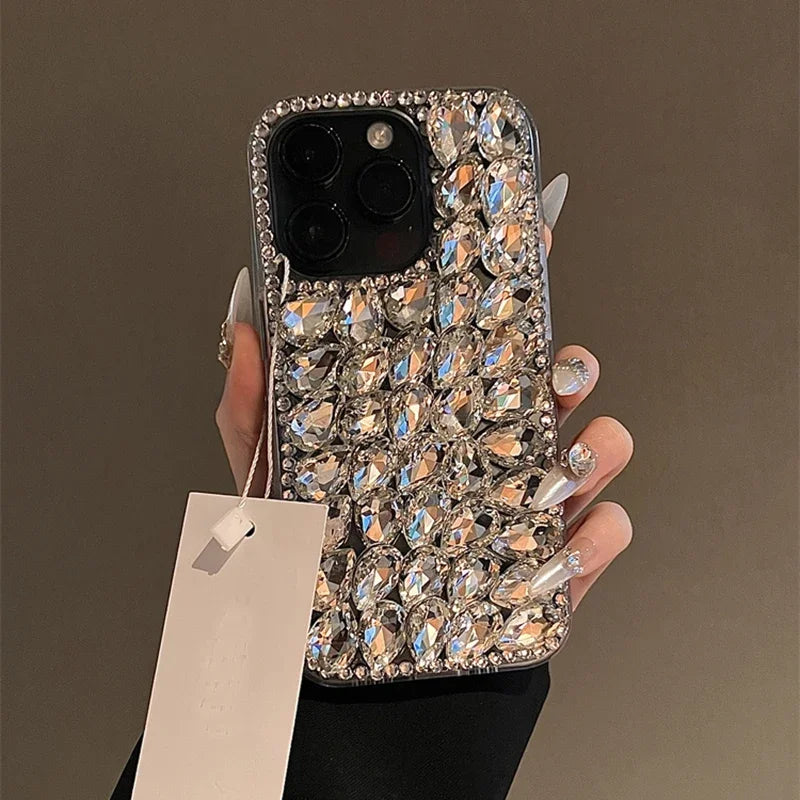 Bling Big Water Drop Crystal Phone Cover For iPhone 16 15 14 13 12 11 Mini Pro Max XR XS 7 8 Plus DIY Full Rhinestone Clear Case