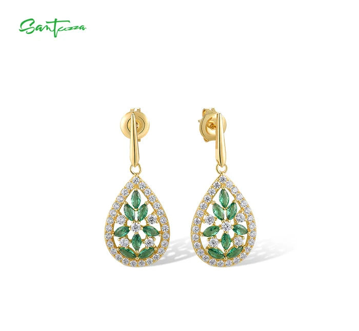 SANTUZZA Real 925 Sterling Silver Jewelry Set For Women Green Spinel White CZ Exquisite Earrings Pendant Delicate Fine Jewelry