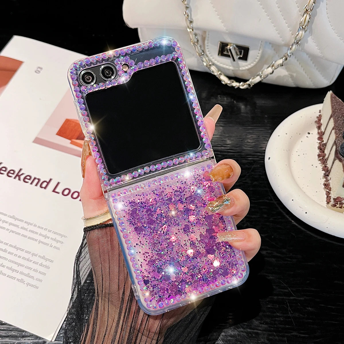 For Samsung Galaxy Z Flip 6 5 4 3 G Luxury Cute Pearl Diamond Crystal Liquid Glitter Phone Case Cover