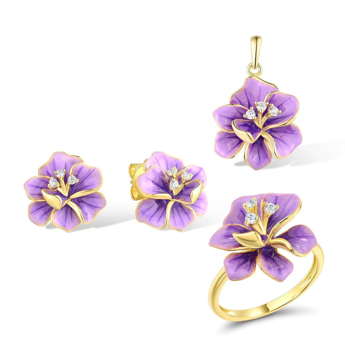 925 Sterling Silver Jewelry Set  Purple Flower