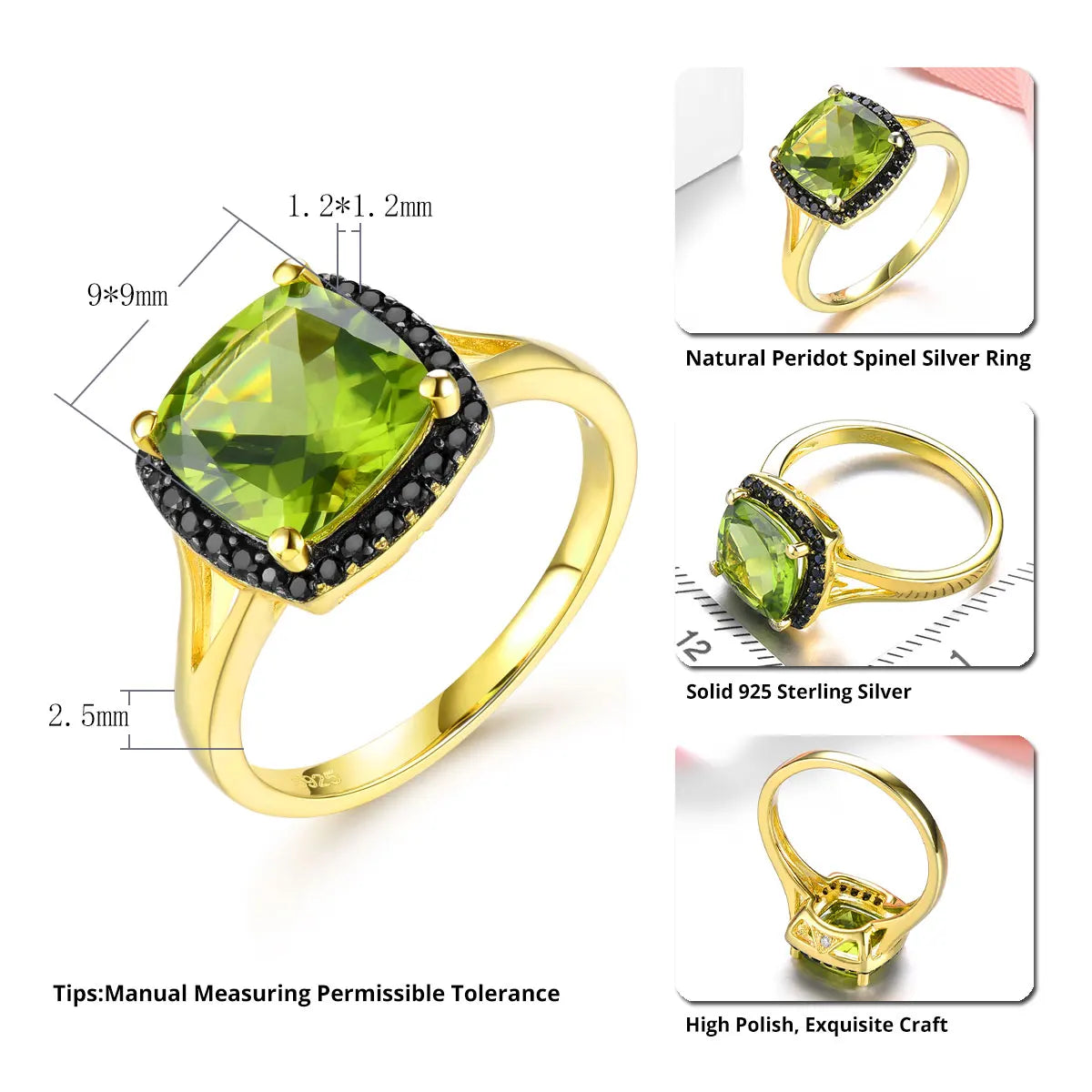 Natural Peridot Black Spinel Silver Yellow Gold Plated Ring 3 Carats Genuine Gemstone Speical Design Top Quality