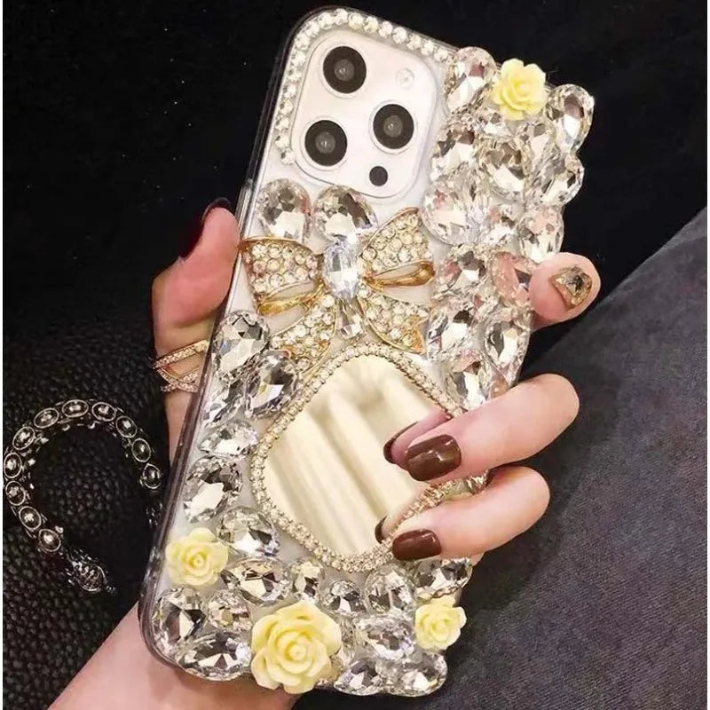 Hard TPU Back Cover Case for Huawei P50Pro, P40, Honor 50, 60Pro, Roses Decorate Diamonds, Mirror