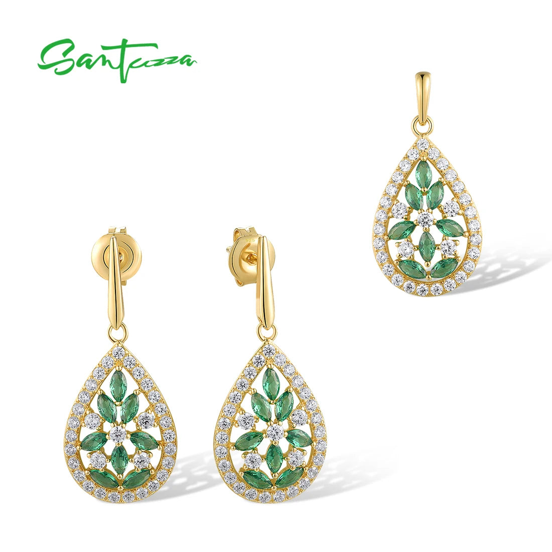 SANTUZZA Real 925 Sterling Silver Jewelry Set For Women Green Spinel White CZ Exquisite Earrings Pendant Delicate Fine Jewelry