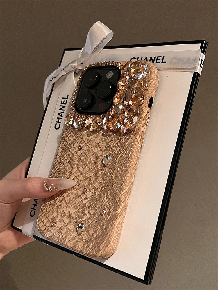 Luxurious High Quality Glitter Snakeskin Plating Diamond Phone Case For iPhone 15 14 13 12 16ProMax Bling Rhinestones Back Cover