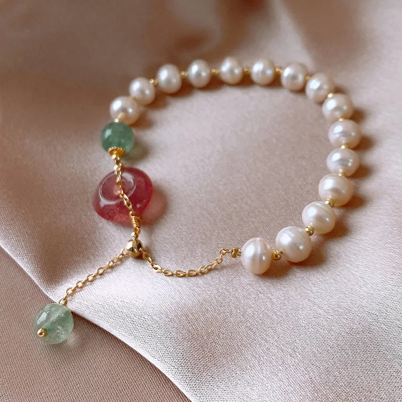 100% Natural Freshwater Pearl & Strawberry Quartz 14K Gold Filled Female Charm Bracelet Wholesale Jewelry