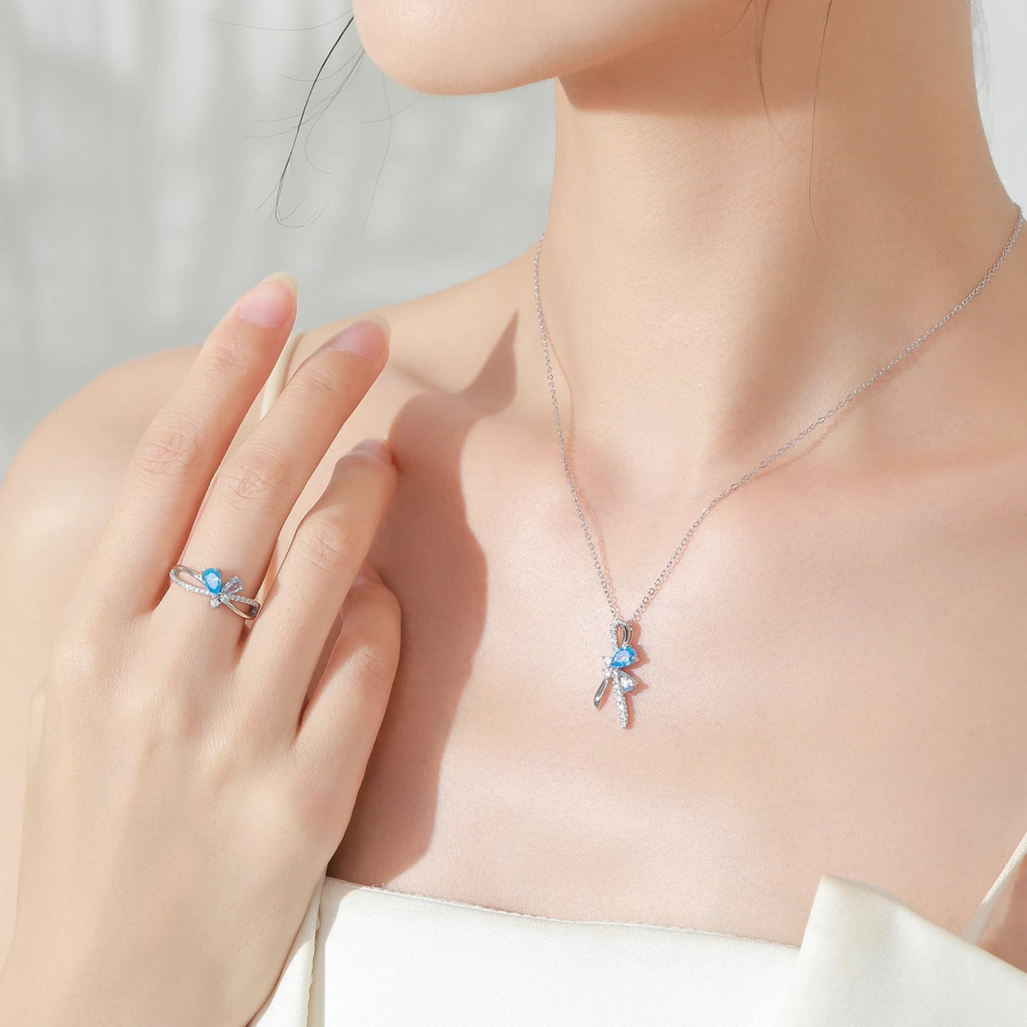 Luxury 925 Sterling Silver Blue Zircon Bow Jewelry Set