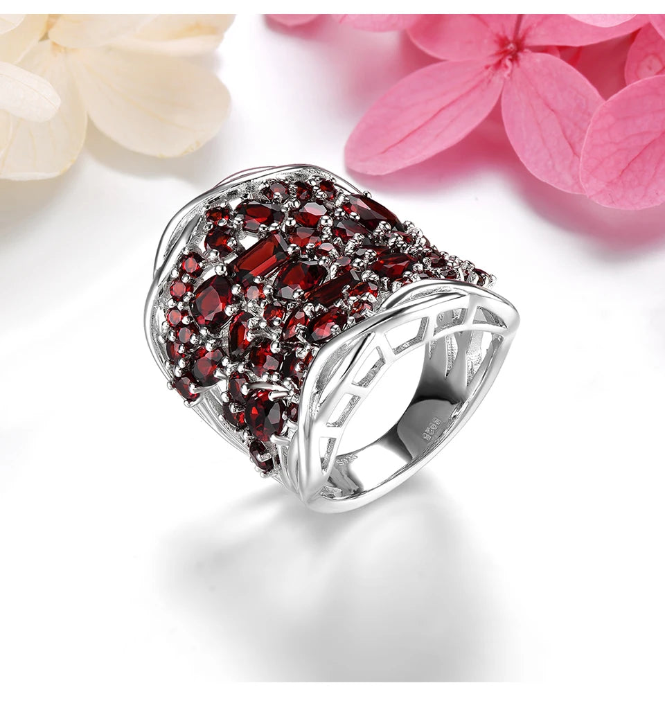 Natural Red Garnet Solid Silver Rings 6.8 Carats Genuine Gemstone Gorgerous Luxury Unique Original Design S925 Unisex Style