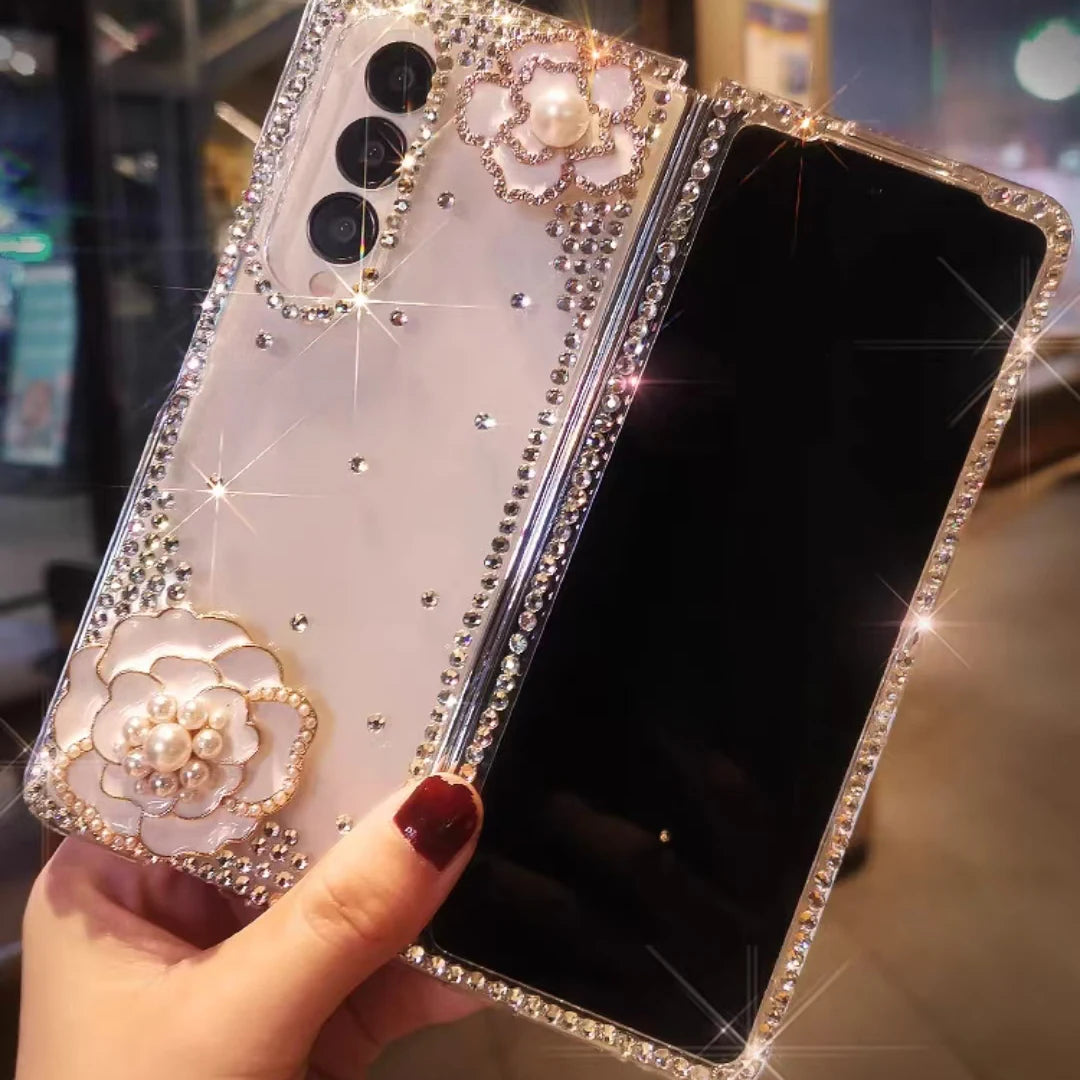 For Samsung Galaxy Z Fold 3 4 5 Luxury Cute Bling Brilliant  Diamond Crystal Flower Phone Case Cover