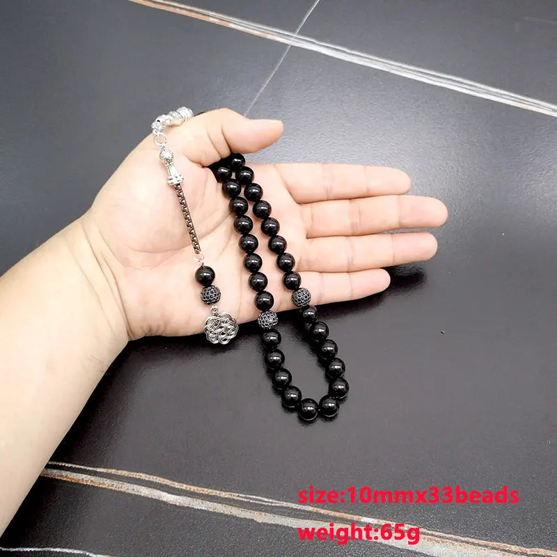 Tasbih Natural Black Agates With Zircon Rosary Beads Muslim Bracelet Eid gift misbaha Islamic accessorise Turkish Jewelry