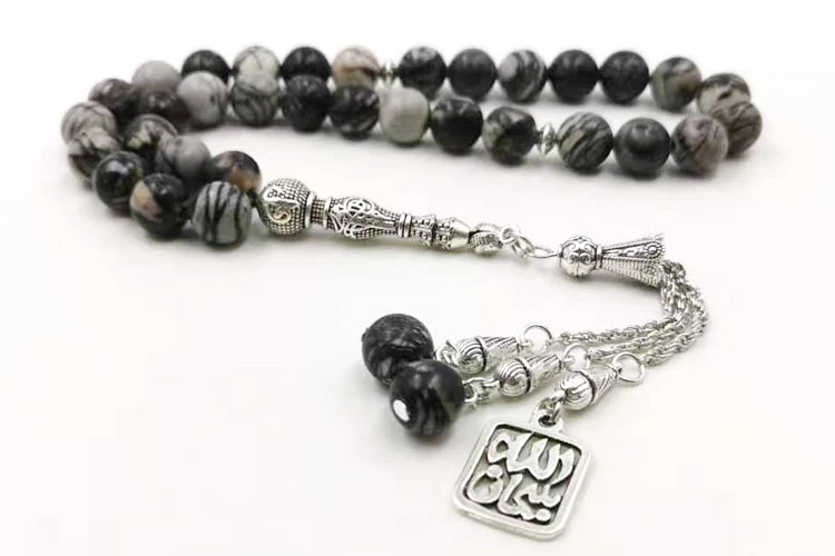 Tasbih Black Network Jasper with Mashallah Pendant misbaha prayer beads 33 66 99beads