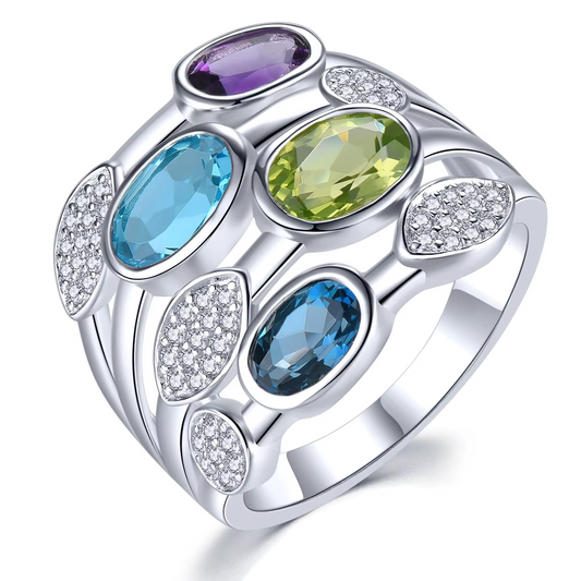 Natural Blue Topaz Peridot Amethyst Solid Silver Rings 4.2 Carats Genuine Multicolor Gemstone