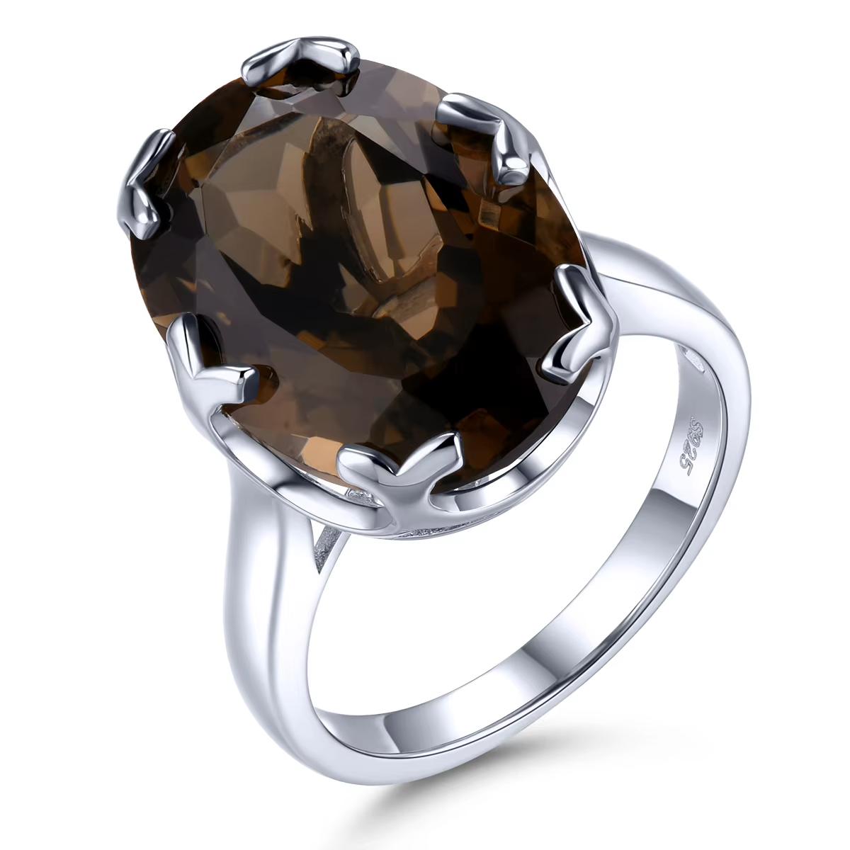 Natural Smoky Quarts Solid Sterling Silver Women Rings 11 Carats Brown Crystal Classic