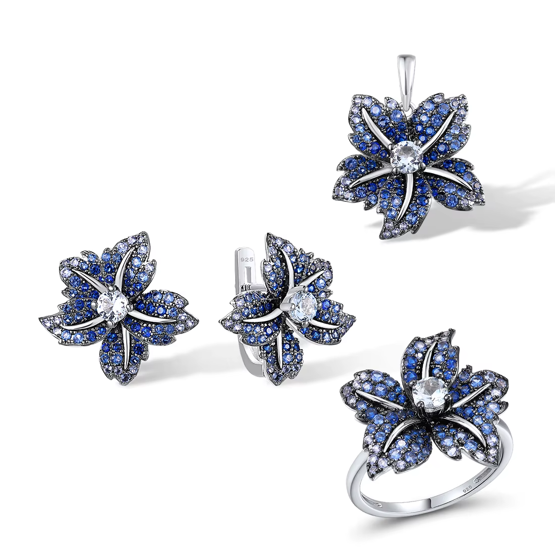 925 Sterling Silver Blue Pink Flower Jewelry