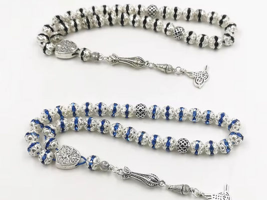 Women Tasbih Metal Silver Color Rosary Bead Inlaid Blue Crystal Black Crystal Muslim misbaha