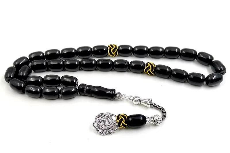 Tasbih natural black agate stone Barrel shape bracelet Handmade Trabizon misbaha Muslim  turkish design prayer beads